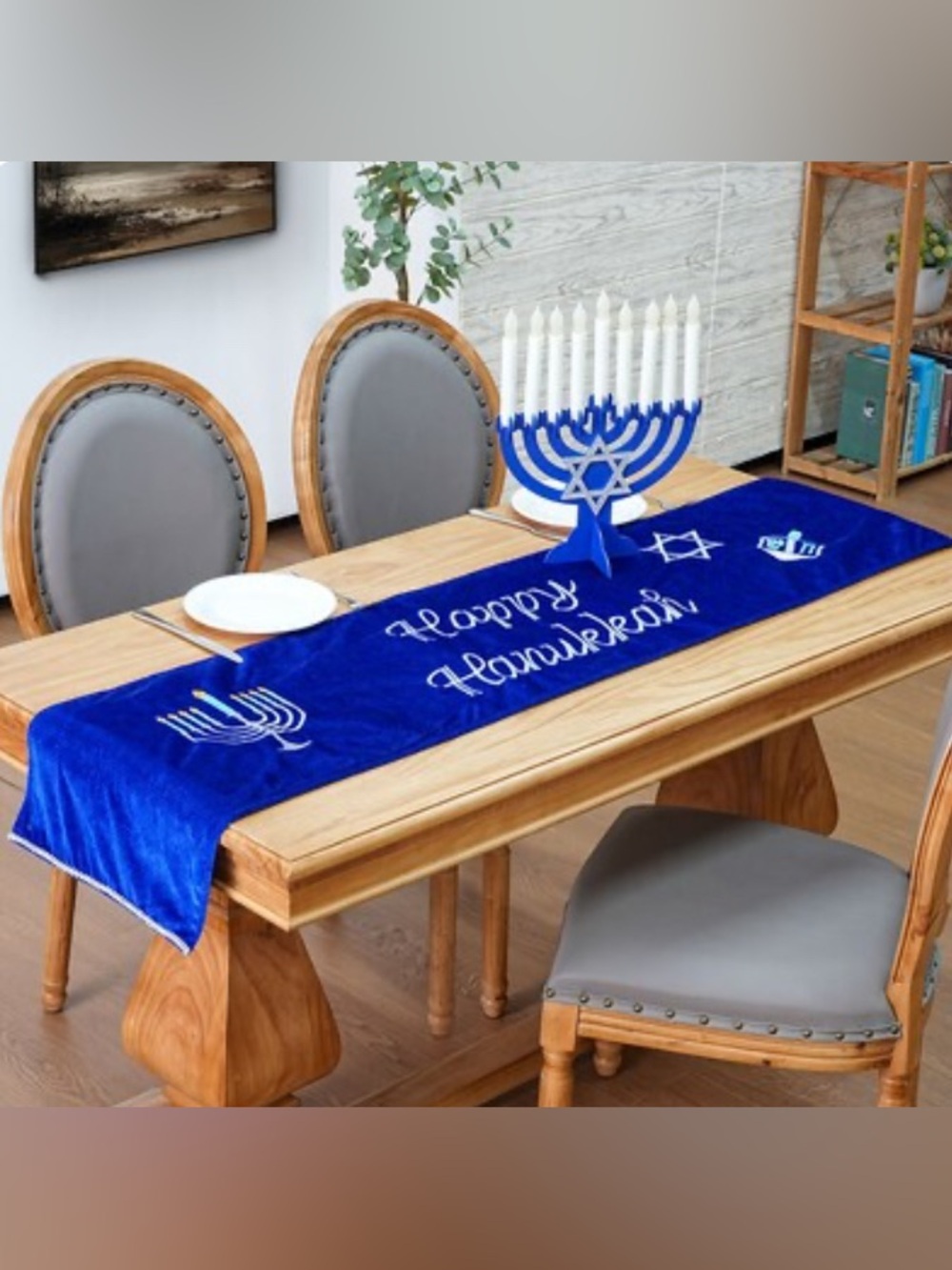 Holiday Living 63-inch HanukkahTable Runner Embroidered Menorah Faux Velvet